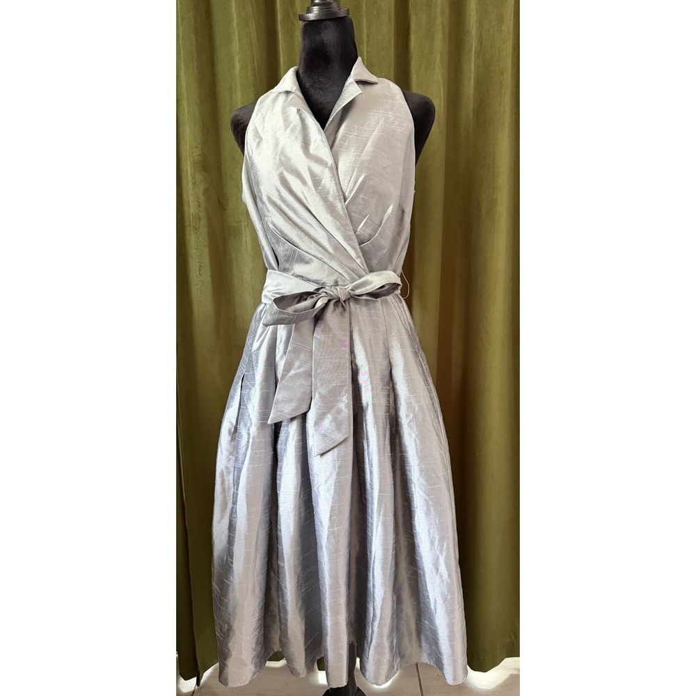 Vintage Y2K Jones Wear Silver Metallic Wrap Halter Midi Cocktail Dress - Size 8